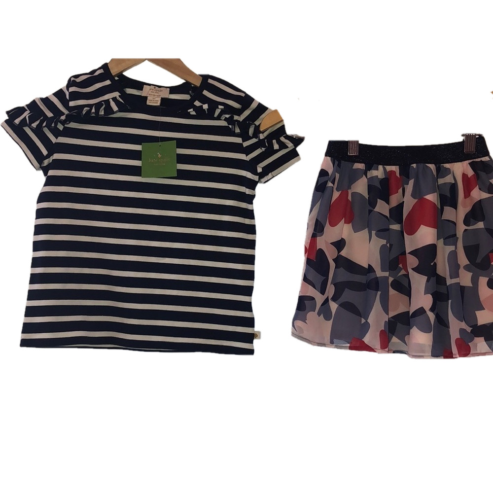 Kate Spade NWT SET size 6X blue and white striped top & red blue heart skirt